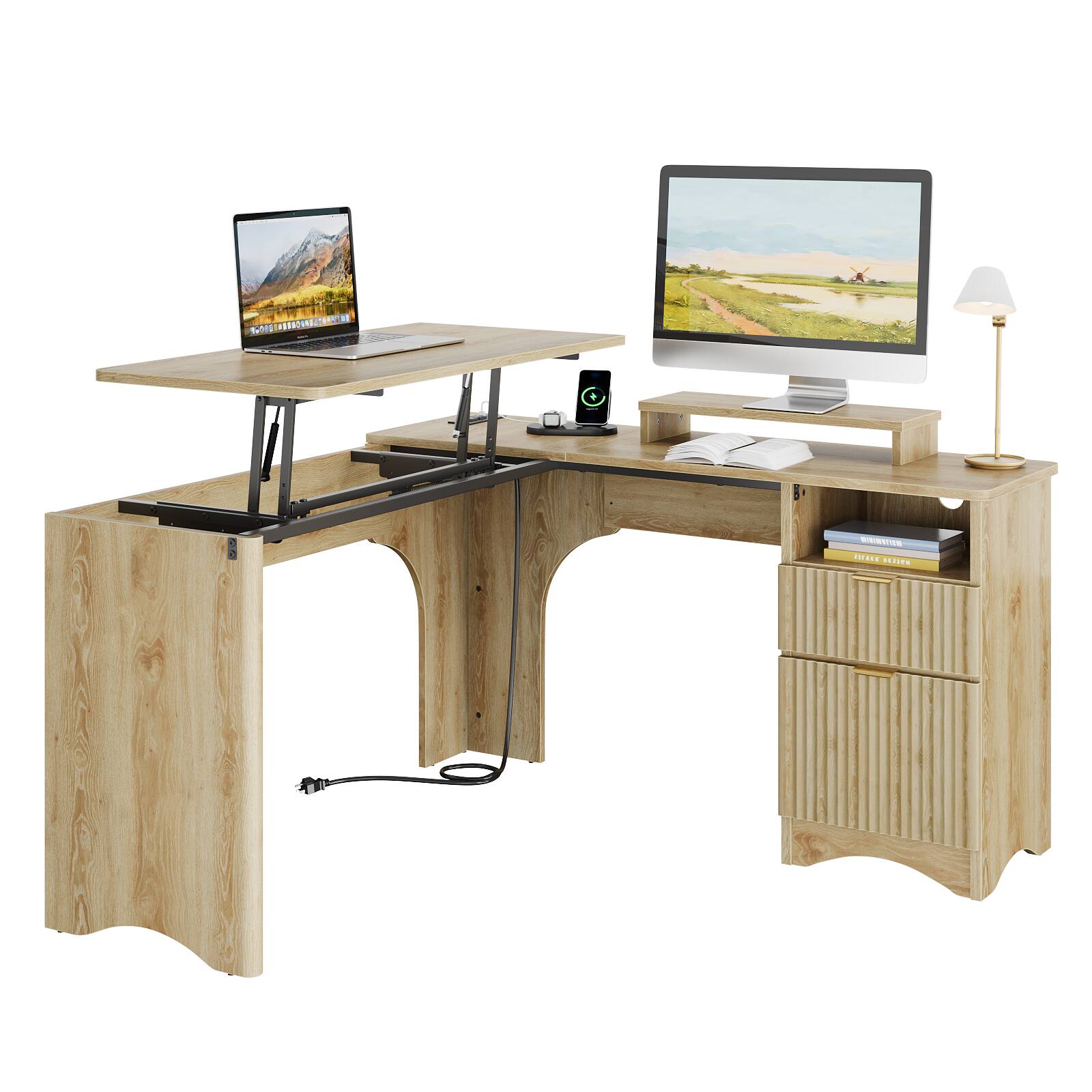 Bestier - 55-inch L-Shaped Computer Desk with Lift Top, Modern Office Desk with Fluted Drawers & File Storage - Netual Oak