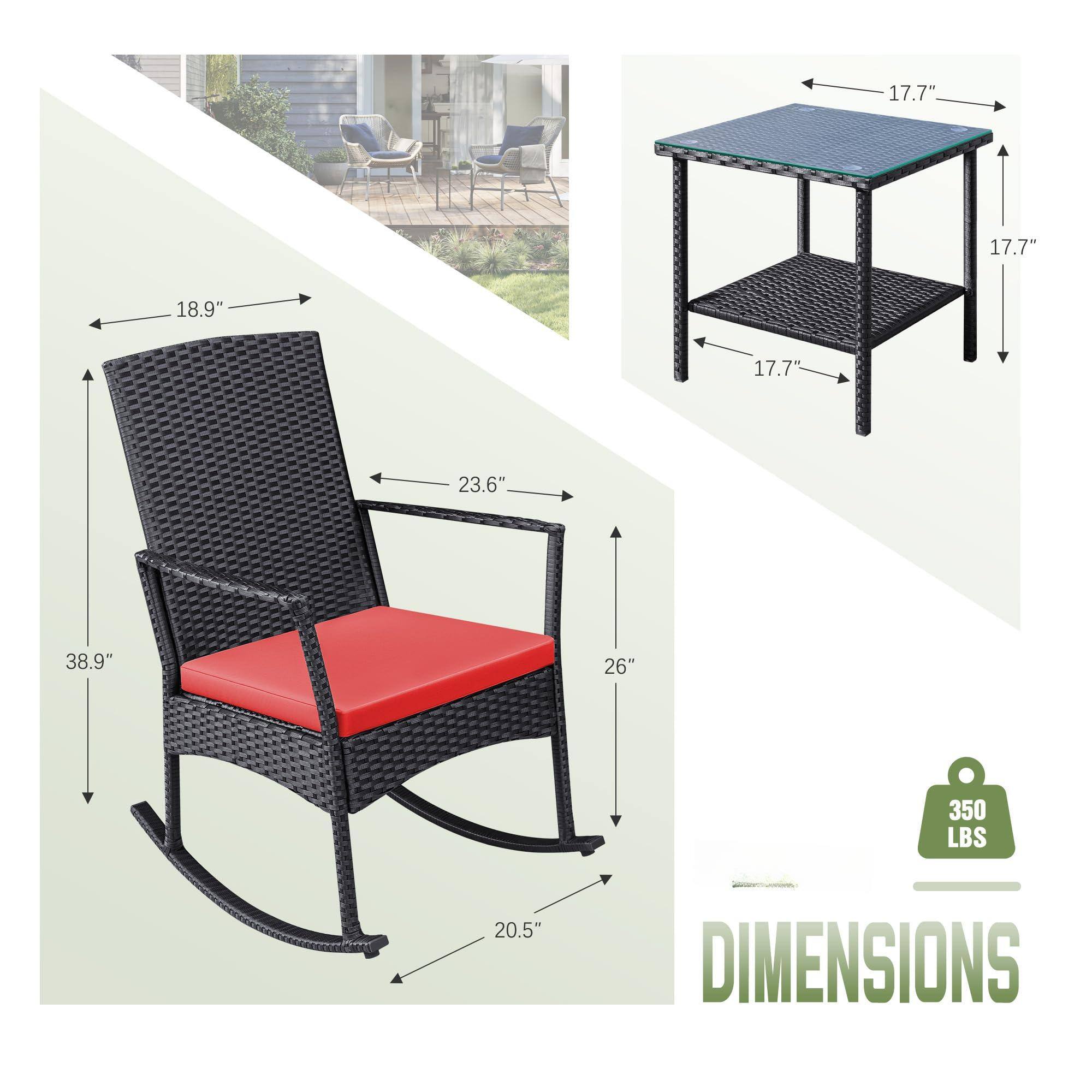 - Chair:
  - Height: 38.9"
  - Width: 23.6"
  - Depth: 20.5"
  - Seat Height: 18.9"
  - Seat Depth: 26"

- Table:
  - Height: 17.7"
  - Width: 17.7"
  - Depth: 17.7"

- Weight Capacity: 350 LBS

- Dimensions