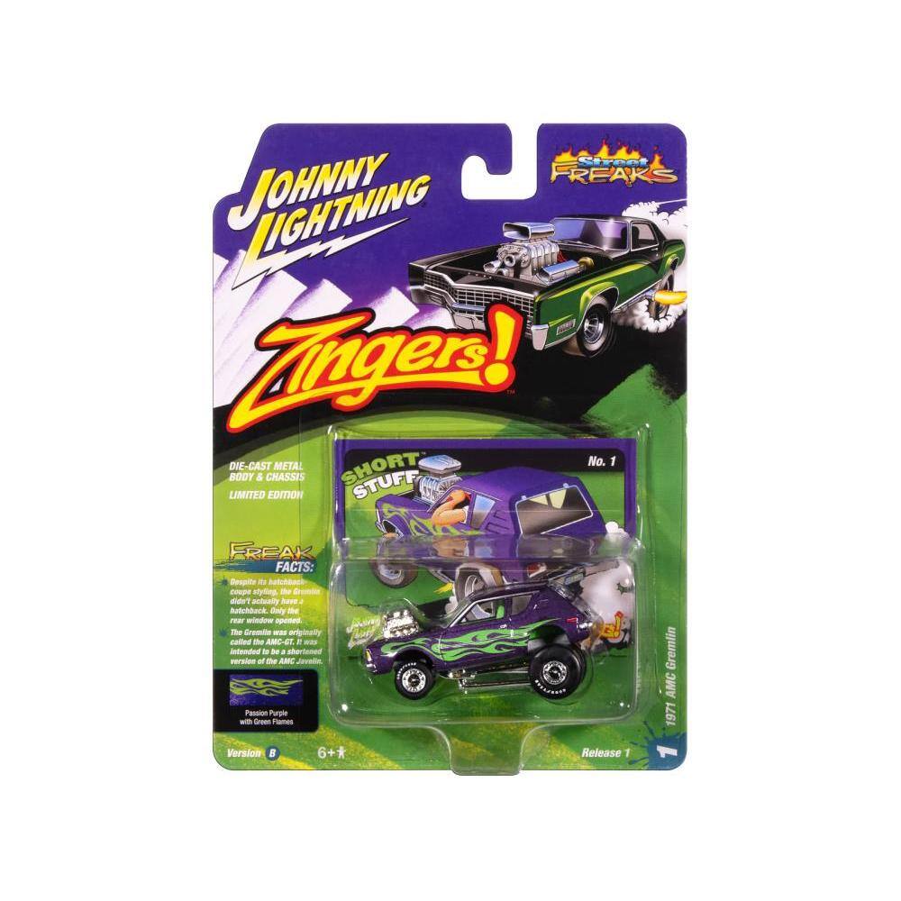 **Johnny Lightning Freaks!**

**Zingers!**

**Die-Cast Metal Short Stuff**

**No. 1**

**Limited Edition**

**Freak Facts:**

- Despite the fact that the Gremlin actually has a hatchback, only the AMC Javerton Passions Purple - Green Flames Gremlin AMC 1971 Version 6+ 6 * Release 1

- The Gremlin was originally called the AMC-E1. It was intended to be the shortest version of the AMC Javerton.

**Passion Purple with Green Flames**

**Version B**

**Release 1**