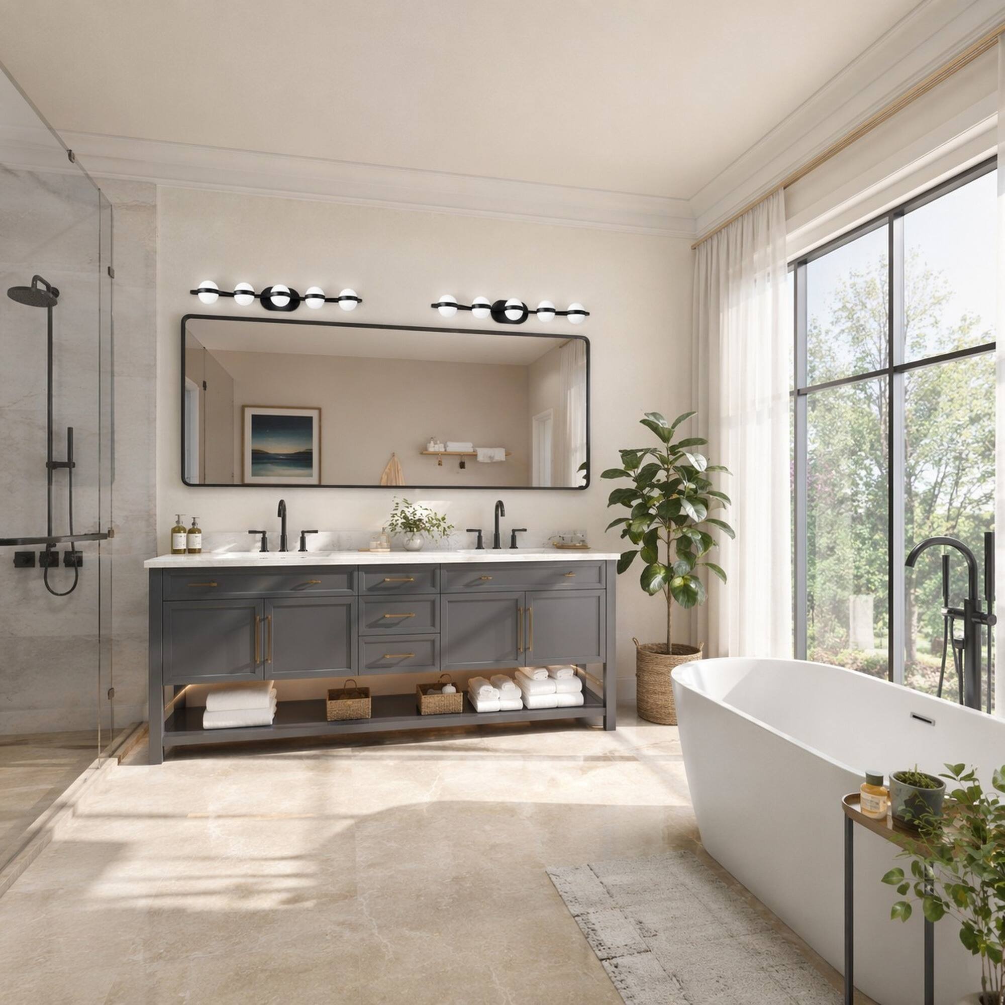 Left. RYHNUYNE - Modern Black 5-Light LED Bathroom Vanity Light with Frosted Glass Shades, Wall-Mounted Fixture for Mirror, Powder Room.