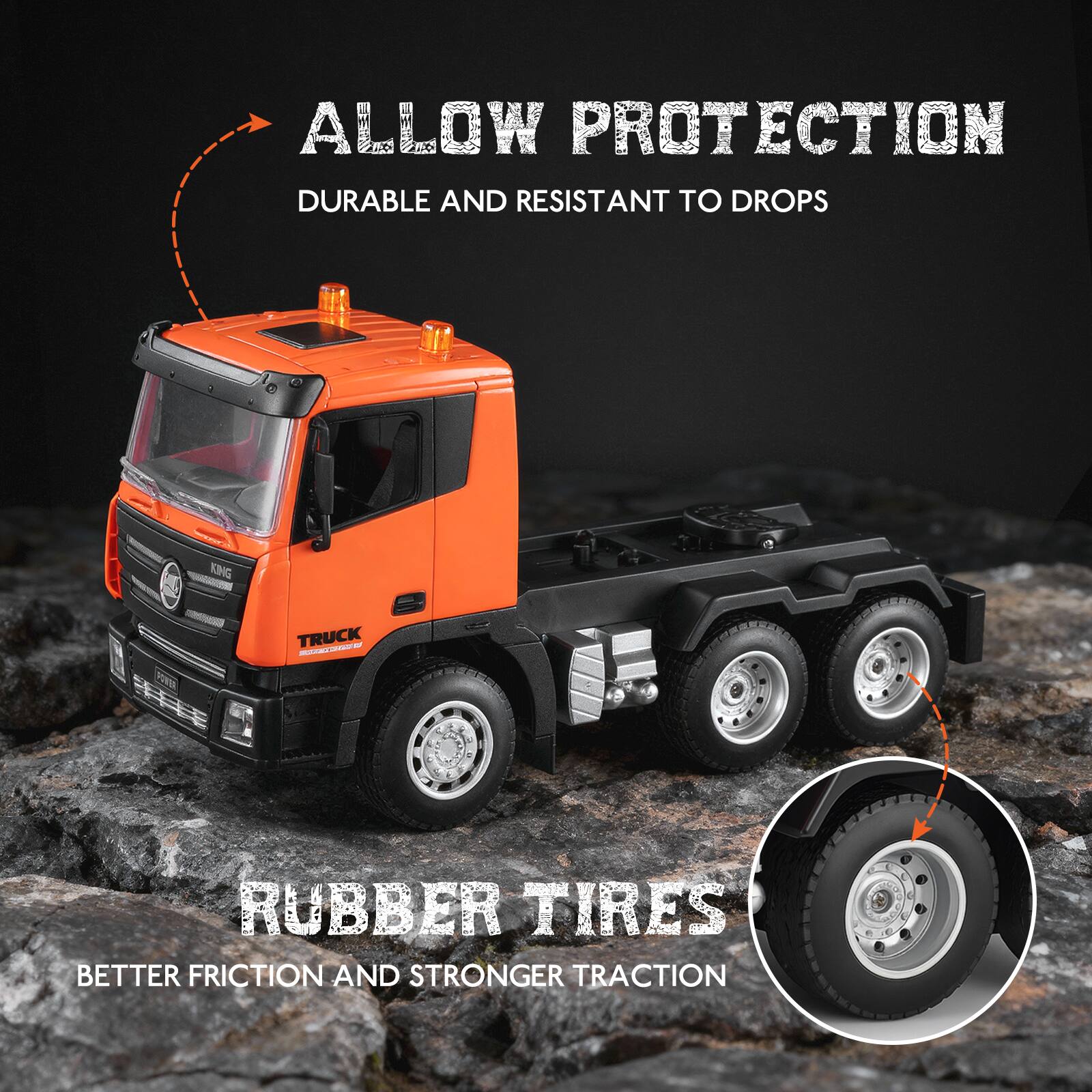 ALLOW PROTECTION  
DURABLE AND RESISTANT TO DROPS  

RUBBER TIRES  
BETTER FRICTION AND STRONGER TRACTION
