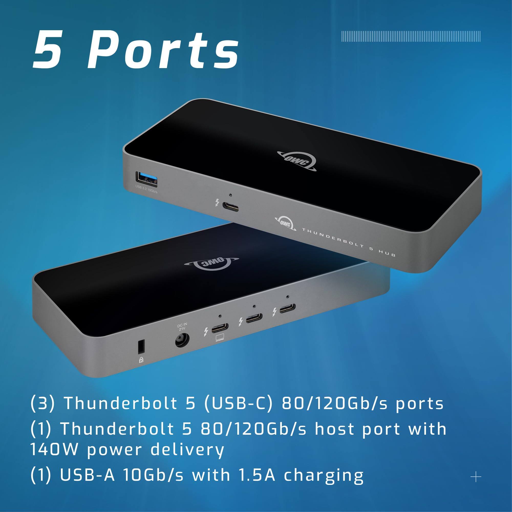 5 Ports

(3) Thunderbolt 5 (USB-C) 80/120Gb/s ports  
(1) Thunderbolt 5 80/120Gb/s host port with 140W power delivery  
(1) USB-A 10Gb/s with 1.5A charging