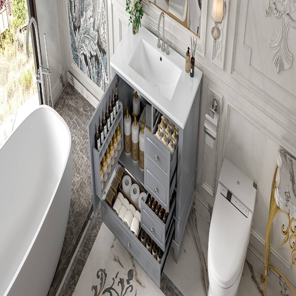 Alt View 10. Loheer - Loheer 36 inch bathroom vanity with ceramic sink top, gray freestanding vanity, 3 drawers and cabinet - Gray.