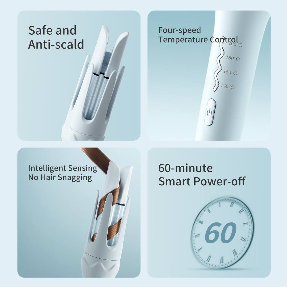 Safe and Anti-scald  
Four-speed Temperature Control (200°C, 180°C, 160°C, 140°C)  
Intelligent Sensing No Hair Snagging  
60-minute Smart Power-off