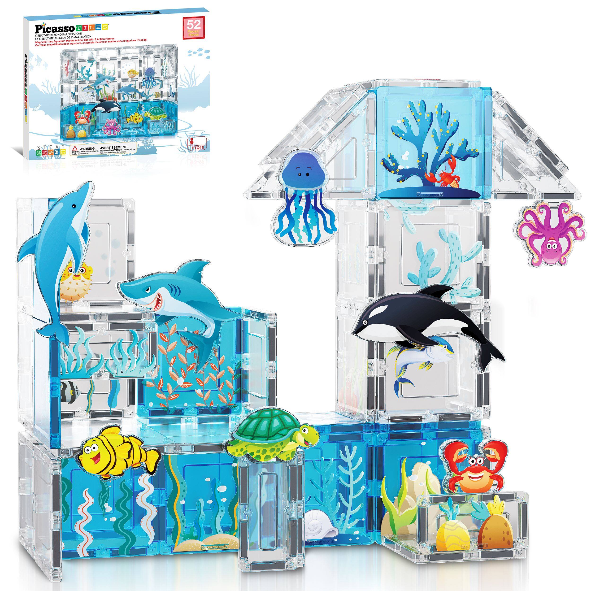 PicassoTiles - PICASSO-TILES Magnetic Tiles for Kids, 52PCS Marine Animal Theme, Construction STEM Building Blocks Educational Toy - Multicolor