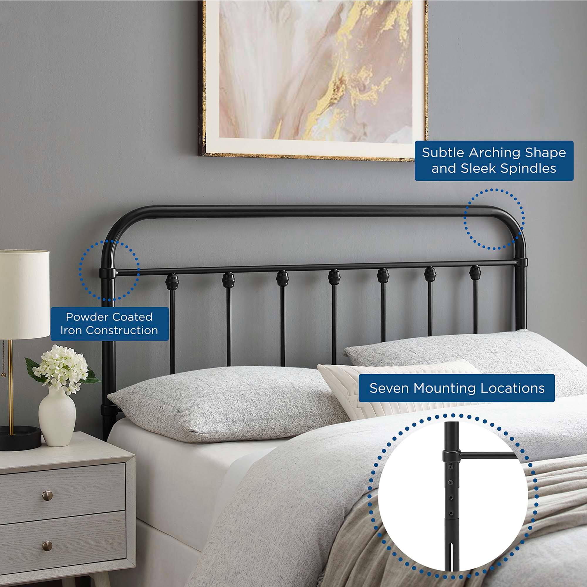 - Subtle Arching Shape and Sleek Spindles
- Powder Coated Iron Construction
- Seven Mounting Locations