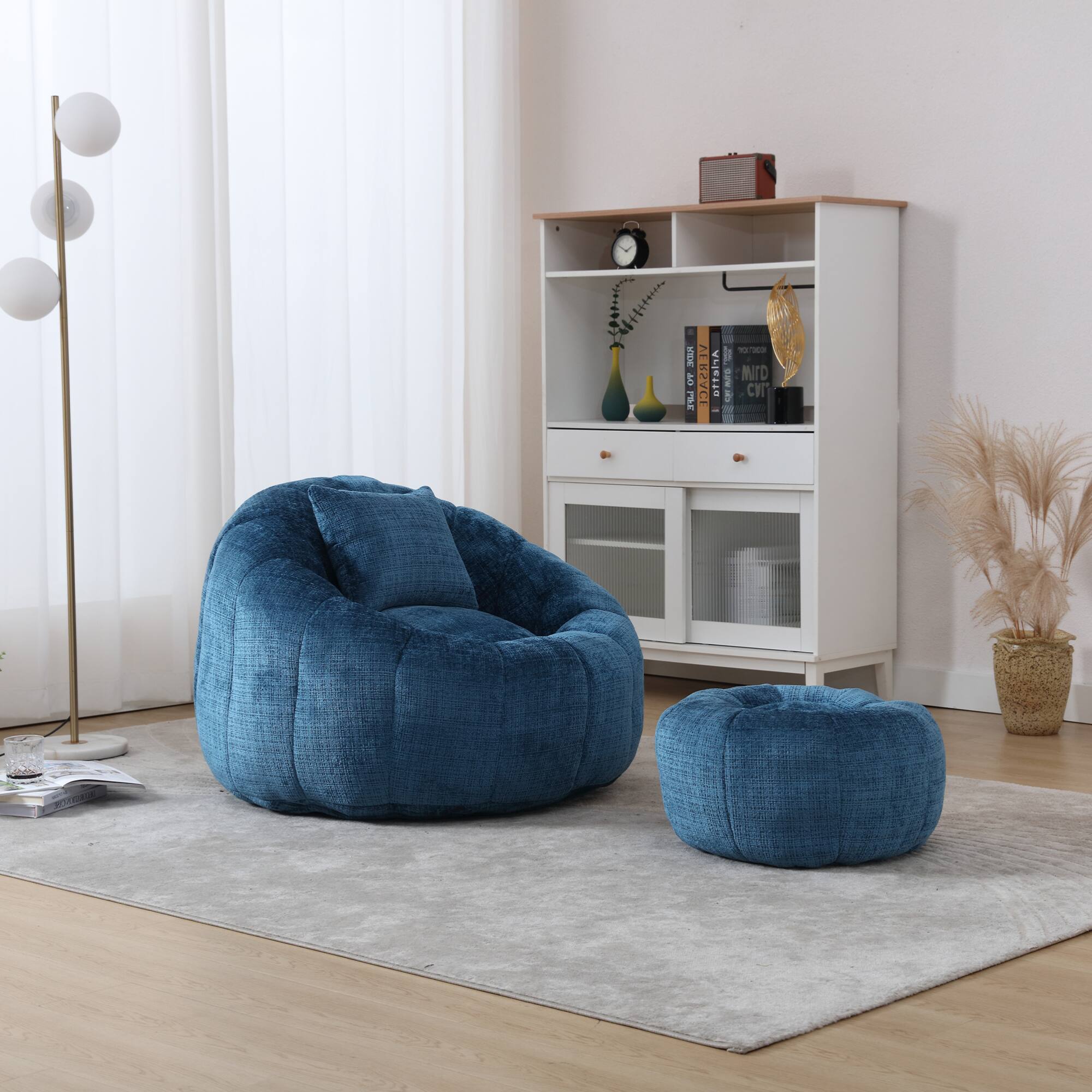 GOODSILO - Modern Round Bean Bag Chair with Ottoman - Ultra Comfortable Lounge Sofa for Living Spaces - Peacock Blue