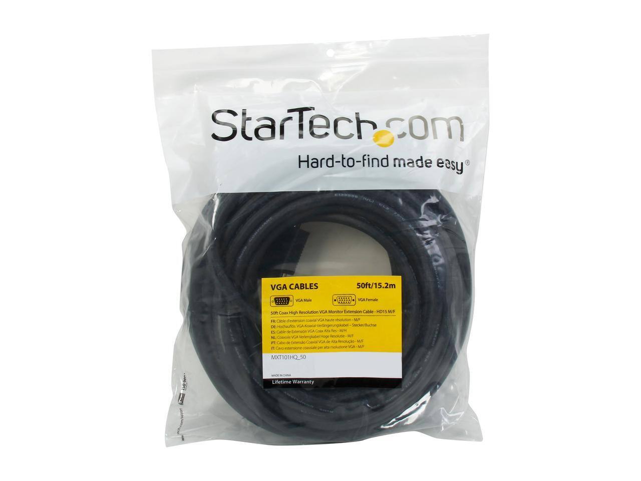 StarTech.com  
Hard-to-find made easy  

VGA CABLES  
50ft/15.2m  

Soft Coax High Resolution VGA Monitor Extension Cable  
HD151MF  

- VGA Male  
- VGA Female  

FR Cable extension coaxial VGA haute résolution - M/F  
DE Hochfrequenz-VGA-Kabel Verlängerung - M/F  
ES Cable de Extensión Coaxial VGA de Alta Resolución - M/F  
PT Cabo de Extensão Coaxial VGA de Alta Resolução - M/F  
IT Cabo estensione coaxiale per monitor VGA - M/F  

Lifetime Warranty  

MXT101HQ_50  

MADE IN CHINA