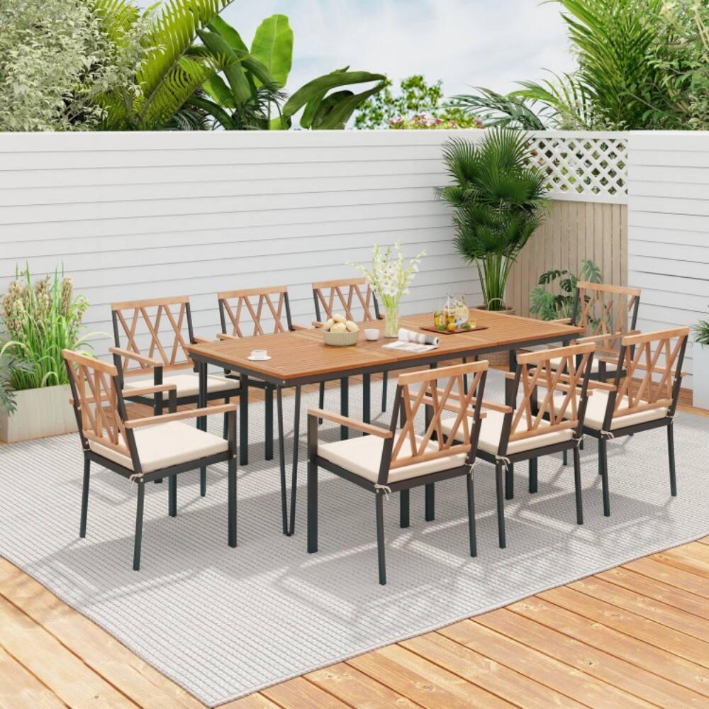 Left. Mondawe - 9-Piece Patio Dining Set 35.5 Inch Acacia Wood Table with Umbrella Hole and 22.5-Inch Wide Chairs - Natural.