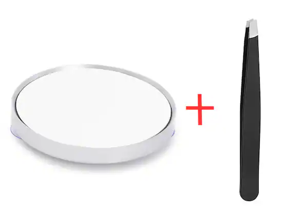 Front. Auledio - White 20x Magnification Suction Cup Makeup Mirror with Black Tweezers, HD Wall-Mounted for Bathroom, Home & Travel - white & black.