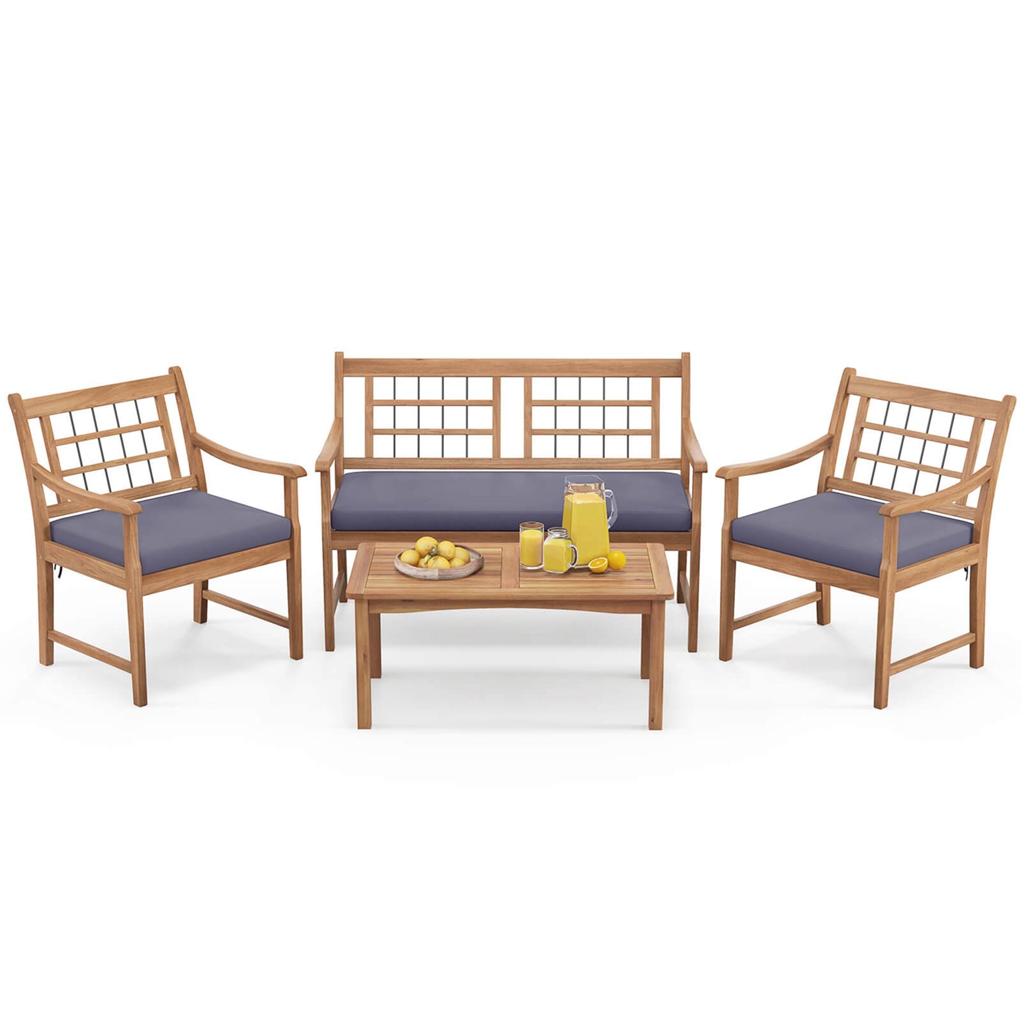 Alt View 9. Costway - 4 PCS Wood Patio Furniture Set with Soft Seat Cushions Solid Acacia Wood Frame - Gray,Natural.