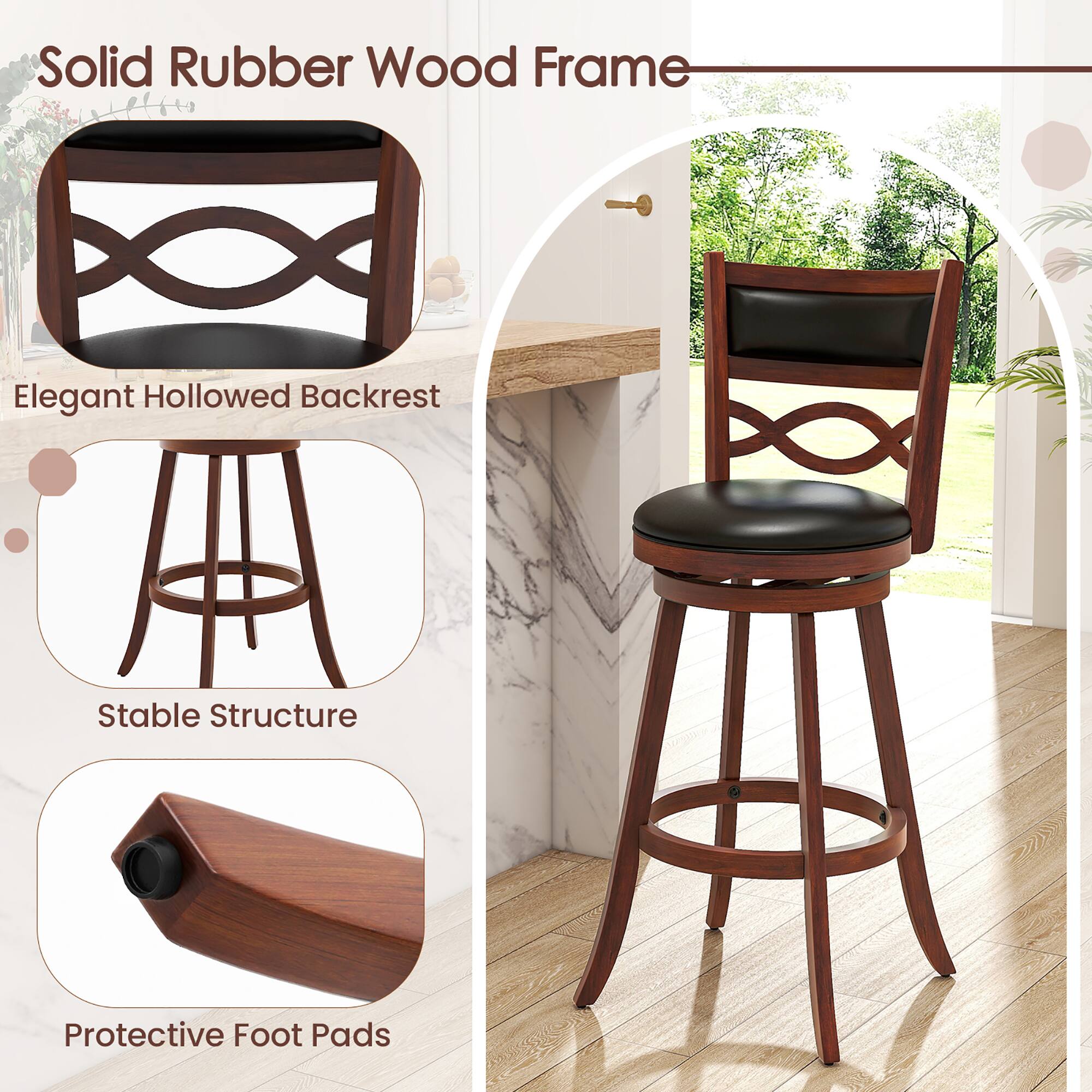 Solid Rubber Wood Frame
Elegant Hollowed Backrest
Stable Structure
Protective Foot Pads