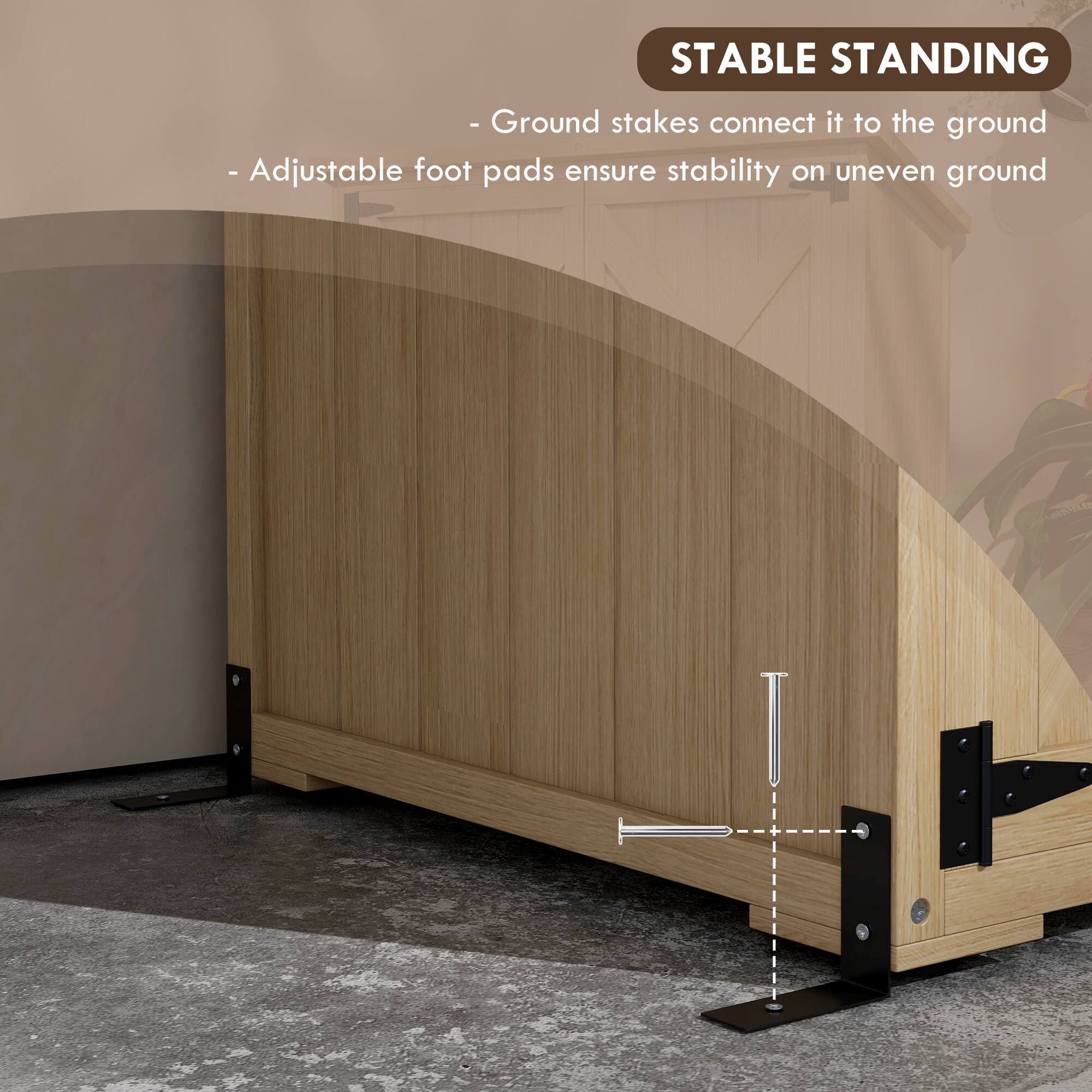 STABLE STANDING

- Ground stakes connect it to the ground
- Adjustable foot pads ensure stability on uneven ground