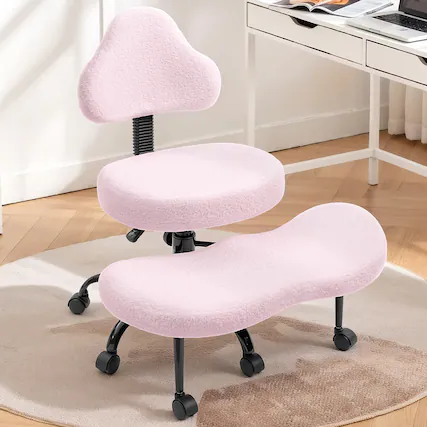 Front. KERDOM - Pink Wool Ergonomic Cross-Legged Office Chair for ADHD, Wheeled Swivel Kneeling Chair, Wide Seat & Retractable Footrest - Wool Pink.