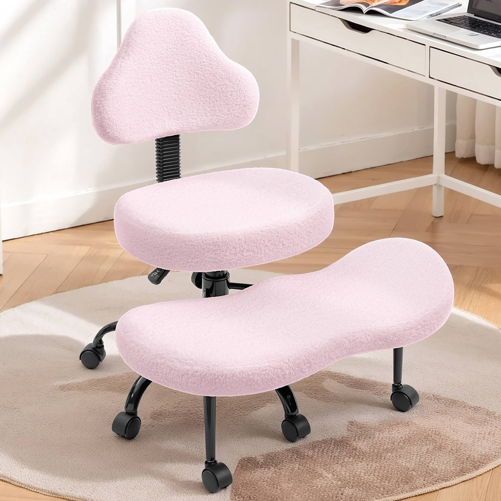 Front. KERDOM - Pink Wool Ergonomic Cross-Legged Office Chair for ADHD, Wheeled Swivel Kneeling Chair, Wide Seat & Retractable Footrest - Wool Pink.