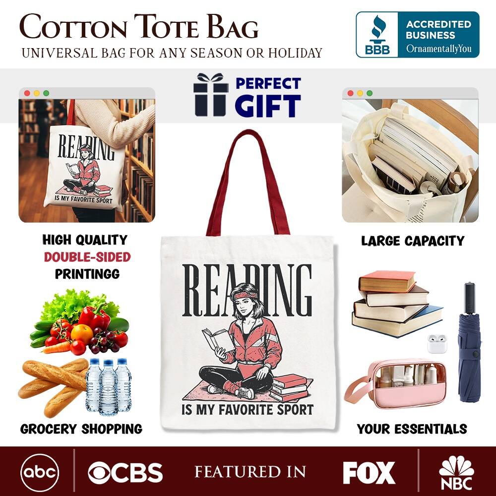 COTTON TOTE BAG  
UNIVERSAL BAG FOR ANY SEASON OR HOLIDAY  

ACCREDITED BUSINESS  
BBB  
OrnamentallyYou  

PERFECT GIFT  

HIGH QUALITY  
DOUBLE-SIDED PRINTING  

LARGE CAPACITY  

GROCERY SHOPPING  

YOUR ESSENTIALS  

FEATURED IN  
abc  
CBS  
FOX  
NBC