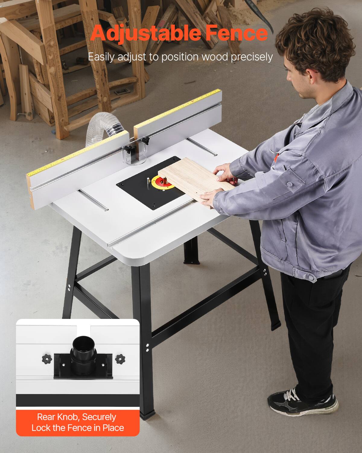 Adjustable Fence  
Easily adjust to position wood precisely  

Rear Knob, Securely Lock the Fence in Place