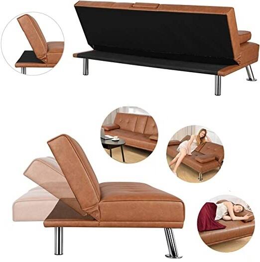 Left. Hivvago - Brown Modern Faux Leather Cup Holders Convertible Sofa Bed Futon Sleeper - Orange.