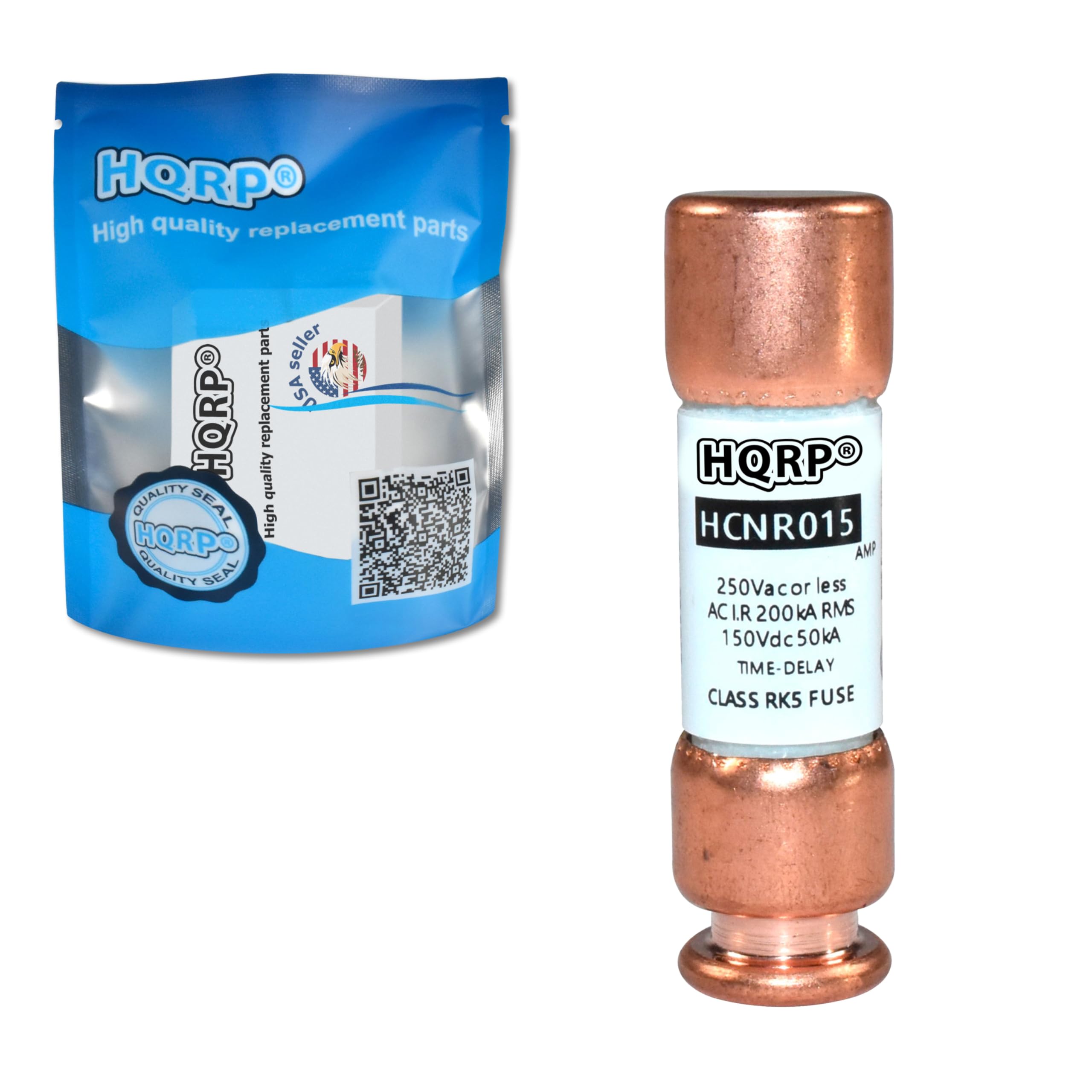 HQRPO High quality replacement parts seller  
HQRPO replacement USA QUALITY SEAL  
HQRPO HCNR015  
250Vac or less AC I.R 200kA RMS  
150Vdc 50kA  
TIME-DELAY  
CLASS RK5 FUSE