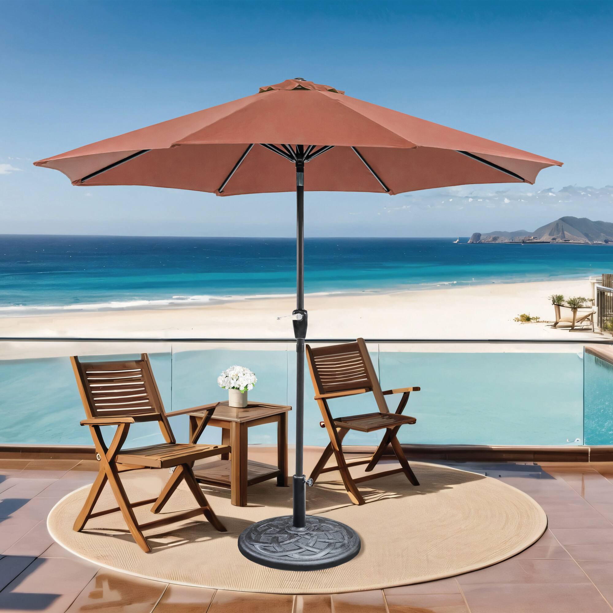 Angle. Vaczon - Outdoor Patio Umbrella with Auto Tilt & 21" Round Base Included – Steel Frame, Fade-Resistant Fabric - Burgundy.
