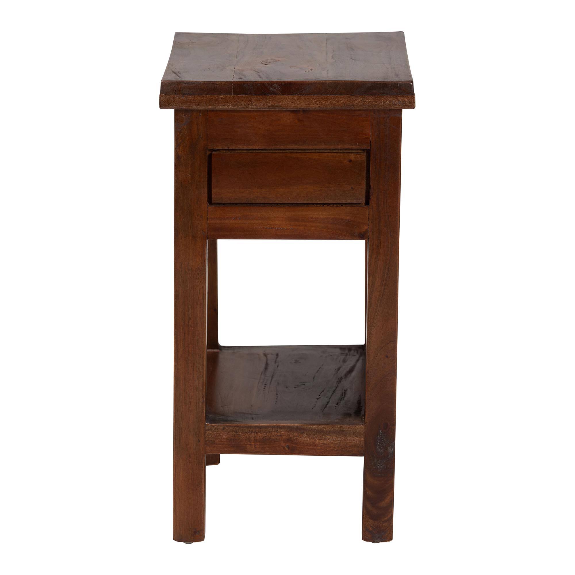Left. bali & pari - Alexandra Handcarved Mahogany Wood Nightstand – Decorative Accent Table with Lower Shelf, Traditional Artisan Furniture - Mahogany Brown.