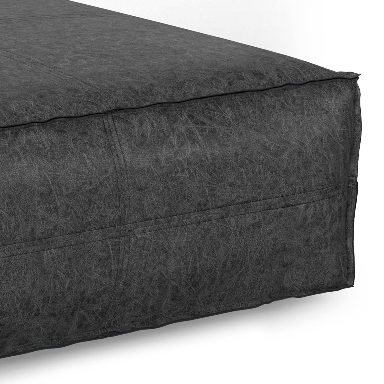 Alt View 2. Simpli Home - Brody 36 inch Wide Boho Square Extra Large Coffee Table Pouf in Distressed Black Vegan Faux Leather - Distressed Black.