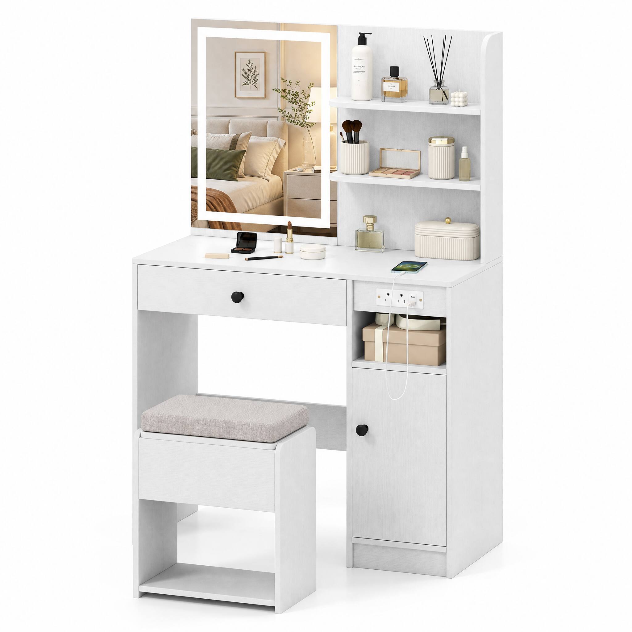 Left. WELLFOR - Makeup Vanity Desk with 3‑Color Dimmable Lighted Mirror, Charging Station and Storage Cushioned Stool for Bedroom - White.
