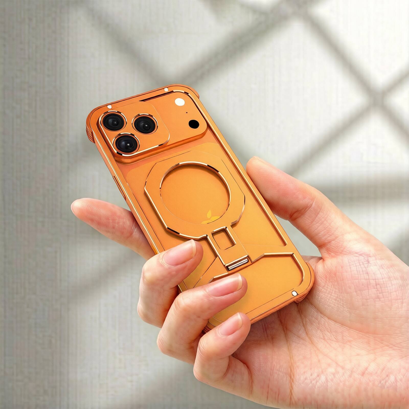 Alt View 4. Dteck - Rugged Bumper Case for Apple iPhone 17 Pro Max with Ring Kickstand, Ultra-Thin Shockproof Magnetic Aluminum Frame Cover - Orangesilver.