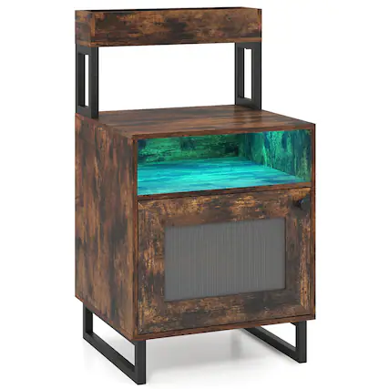 Front. WELLFOR - LED Nightstand with Top Tray Open Compartment and Storage Cabinet - Rustic Brown.