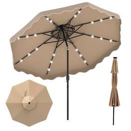 Costway - 10 FT Solar LED Patio Umbrella, Push-Button Tilt & Crank, 24 LED Lights & 8 Ribs - Brown