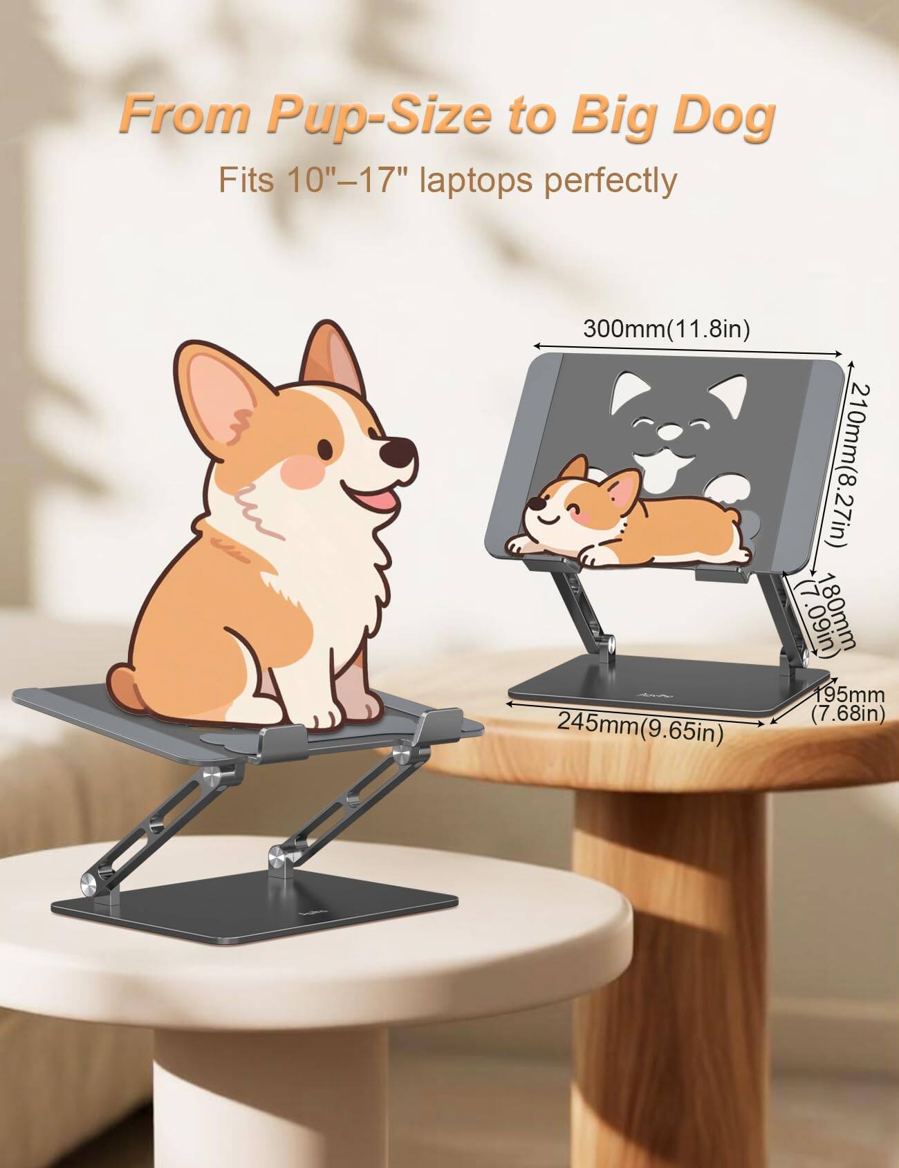 From Pup-Size to Big Dog  
Fits 10"-17" laptops perfectly  
300mm (11.8in)  
245mm (9.65in)  
210mm (8.27in)  
180mm (7.09in)  
195mm (7.68in)