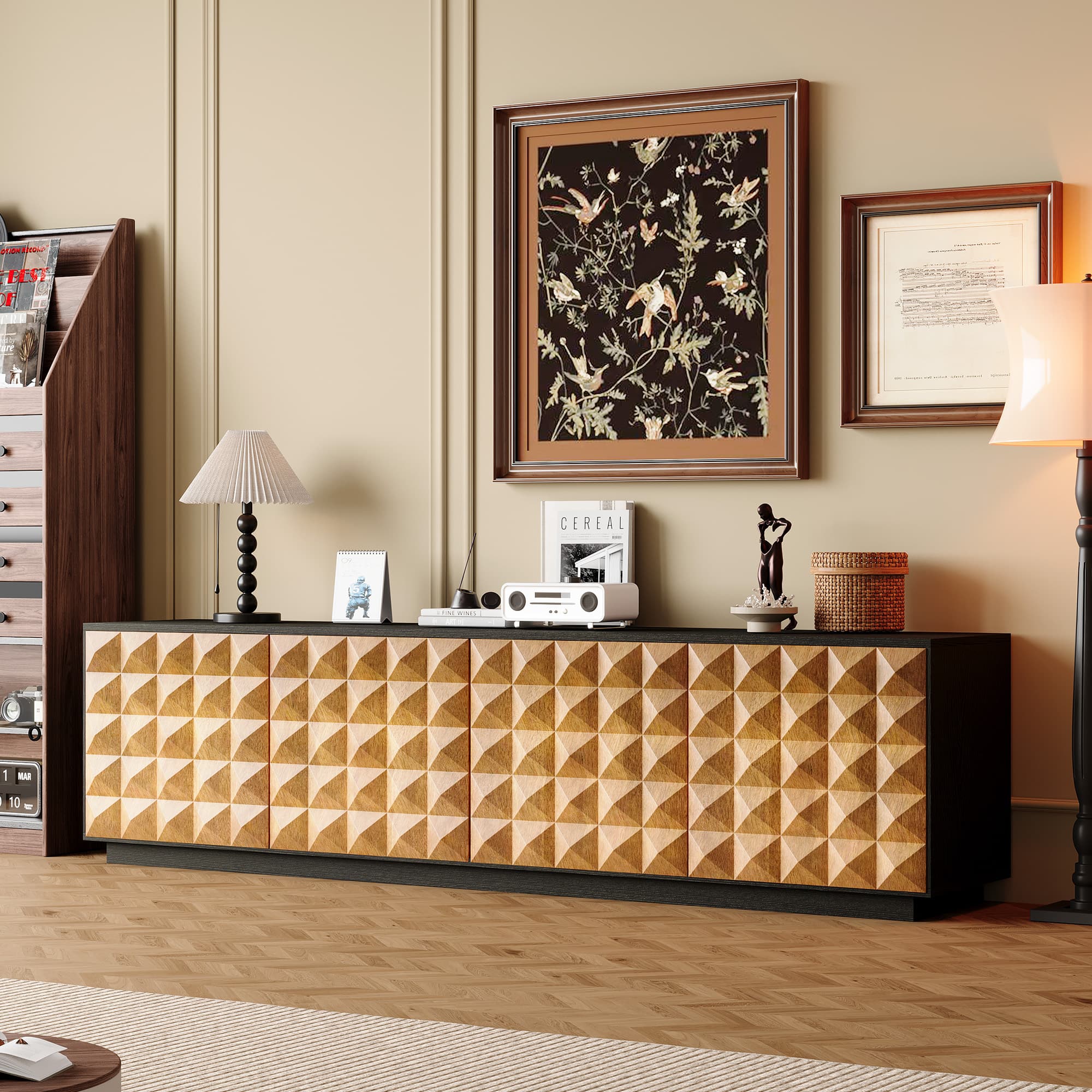 luck idea - Medieval Modern 87.79 Inch Tv Stand With Storage Cabinets And Adjustable Shelves, Living Room Storage Cabinet - Black