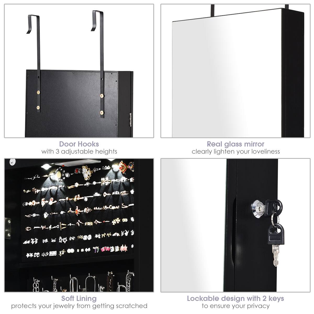The text on the image is grouped and corrected as follows:

1. Door Hooks with 3 adjustable heights
2. Real glass mirror clearly lighten your loveliness
3. Soft Lining protects your jewelry from getting scratched
4. Lockable design with 2 keys to ensure your privacy