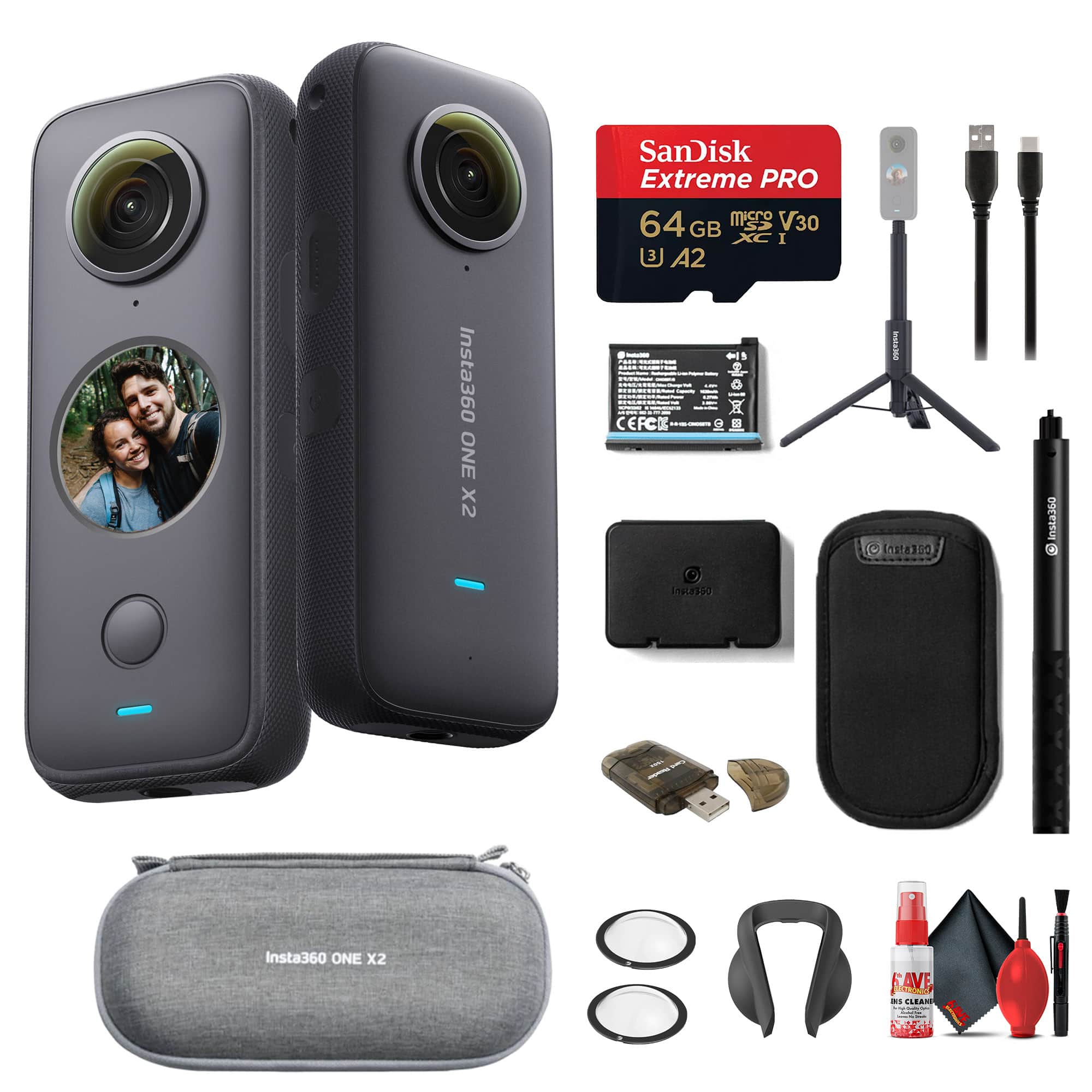 Insta360 - ONE X2 360 Degree Waterproof Action Camera + Selfie Stick + More
