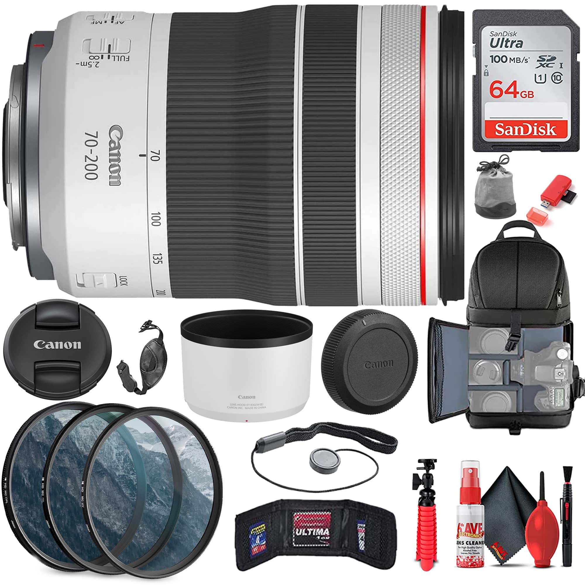 Canon - RF 70-200mm f/4L IS USM Lens (4318C002) + Filter Kit + BackPack + More - Black