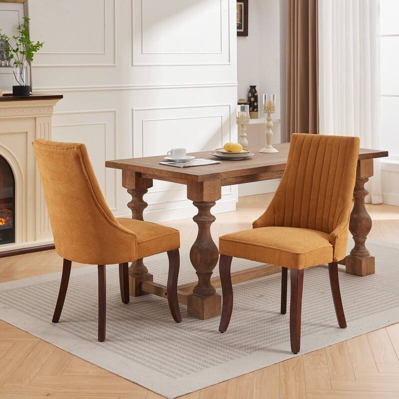 Alt View 2. HTUTWOO - Linen Dining Chairs with High Back & Curved Solid Wood Legs, Set of 2 for Dining Room, Kitchen, Home Use for Families - Yellow.