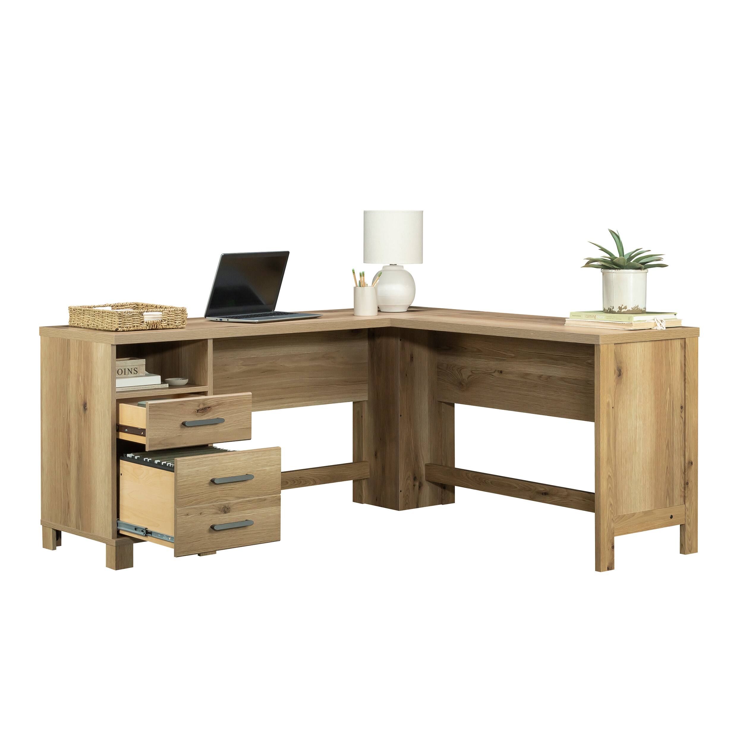 Alt View 7. Spaco - 65x60" Rustic Computer Desk with Open Shelf, Small Drawer, Home Office - Brown.
