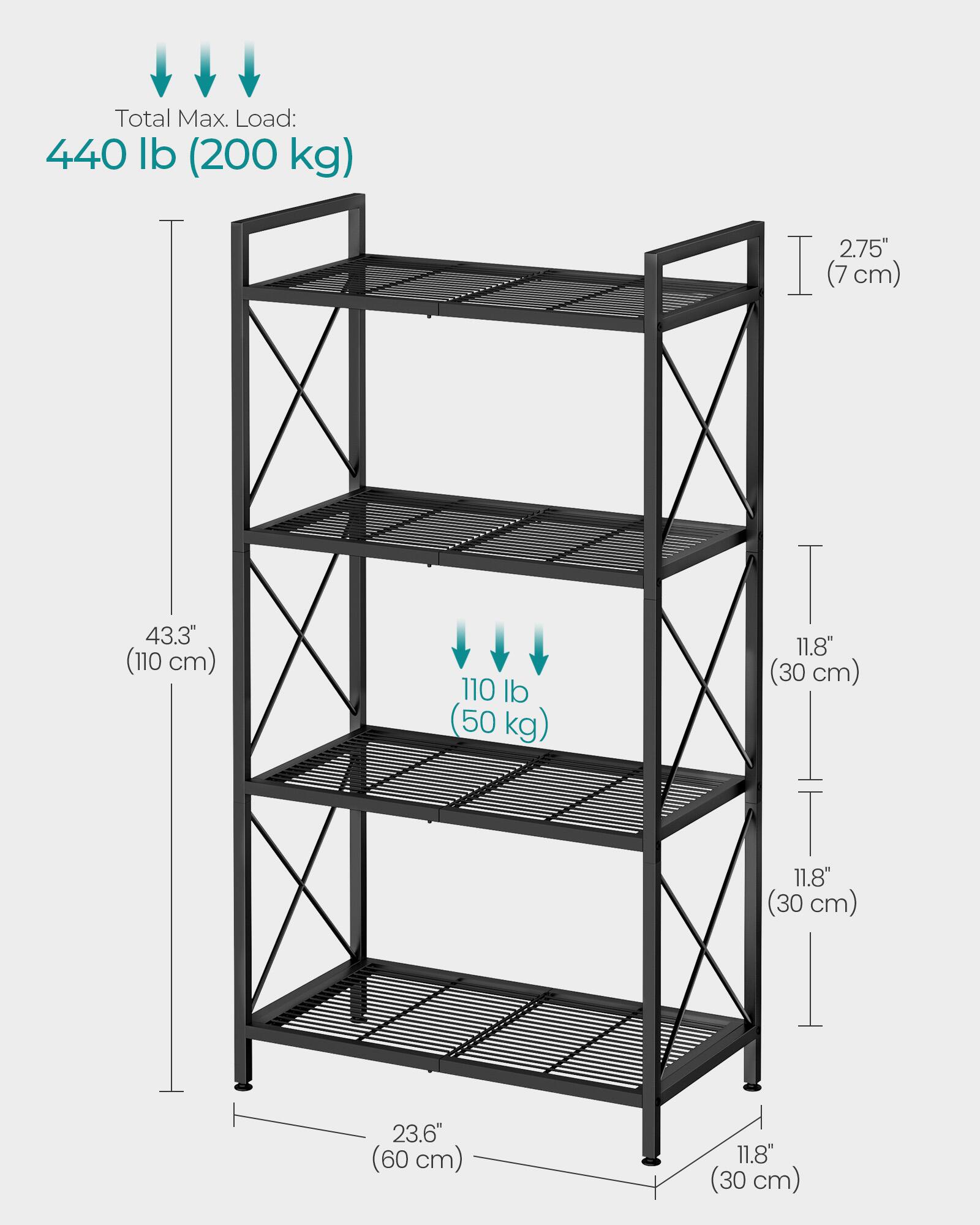 Total Max. Load: 440 lb (200 kg)  
2.75" (7 cm)  
43.3" (110 cm)  
110 lb (50 kg)  
11.8" (30 cm)  
11.8" (30 cm)  
23.6" (60 cm)  
11.8" (30 cm)