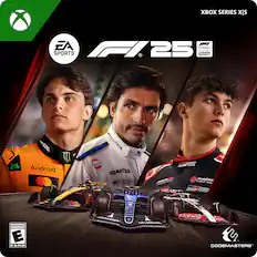 Xbox Series X is EA Sports F1 25, a Formula 1 sports game licensed product. The game features a Hilux truck, an Android, and a MyProtein logo. The game is sponsored by Gulf, Komatsu, and Haas MoneyGram. The game is rated E for Everyone.