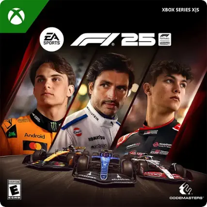 Xbox Series X is EA Sports F1 25, a Formula 1 sports game licensed product. The game features a Hilux truck, an Android, and a MyProtein logo. The game is sponsored by Gulf, Komatsu, and Haas MoneyGram. The game is rated E for Everyone. - E (Everyone)