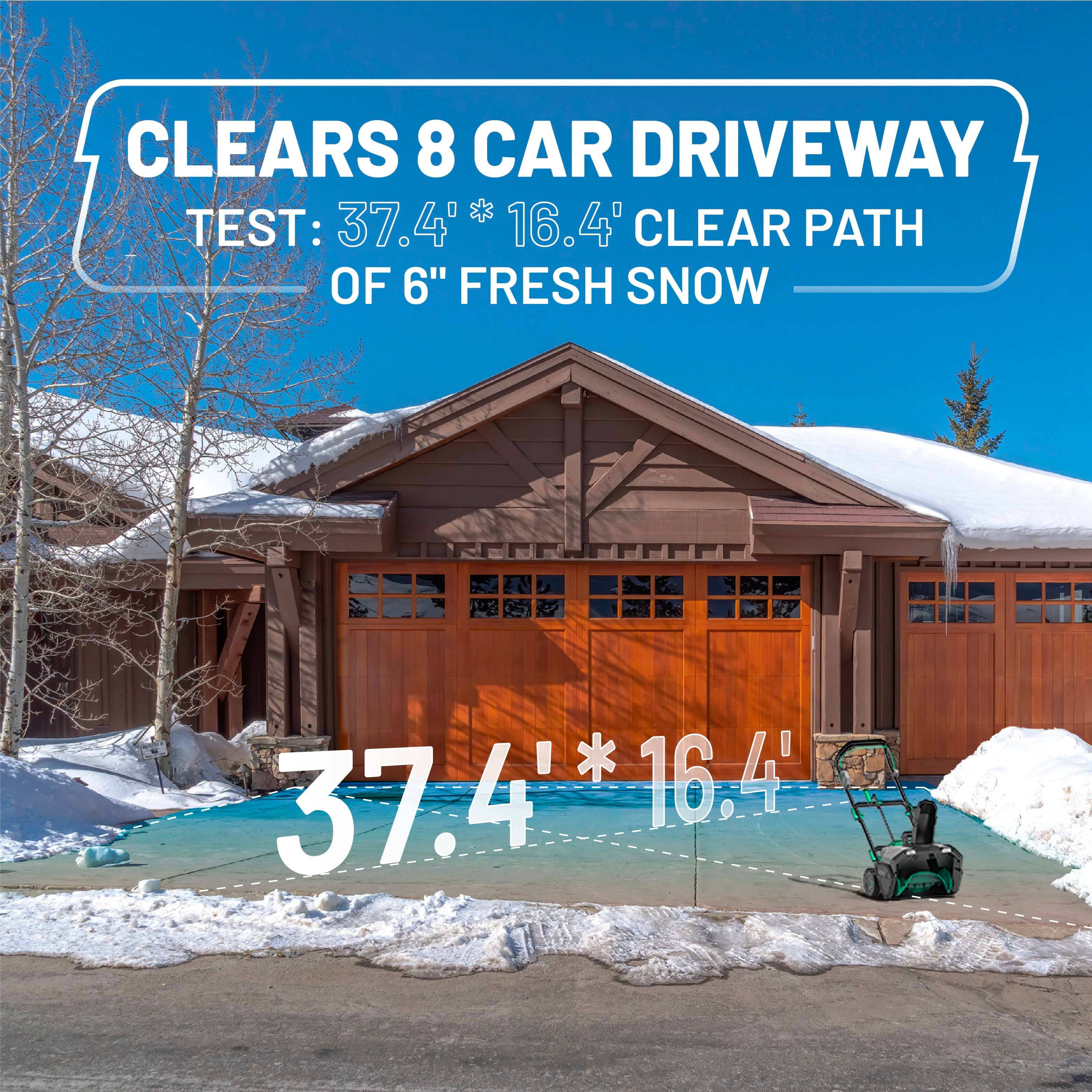 CLEARS 8 CAR DRIVEWAY TEST: 37.4' * 16.4' CLEAR PATH OF 6" FRESH SNOW