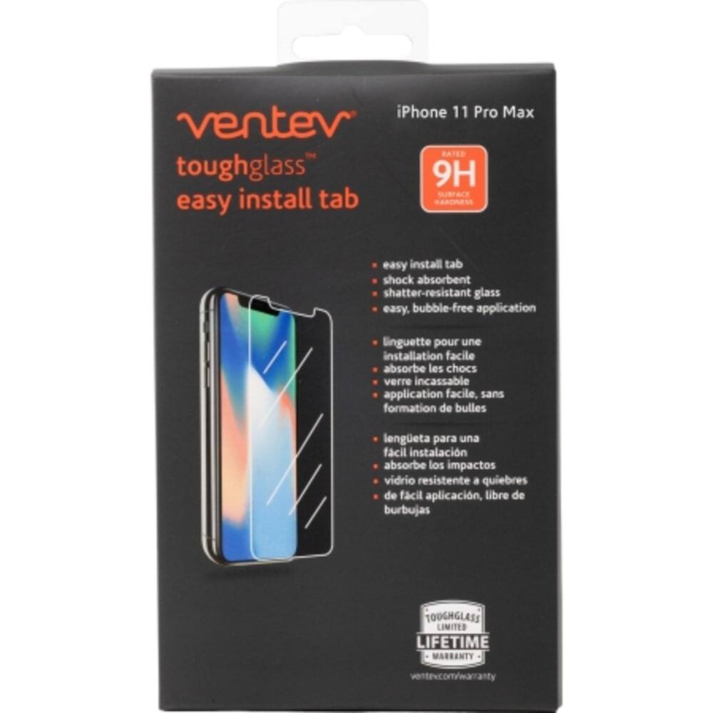 iPhone 11 Pro Max  
ventev® toughglass™  
easy install tab  

RATED 9H  
SUBFACE  

easy install tab  
shock absorbent  
shatter-resistant glass  
easy, bubble-free application  

linguette pour une installation facile  
absorbe les chocs  
verre incassable  
application facile, sans formation de bulles  

lengüeta para una fácil instalación  
absorbe los impactos  
vidrio resistente a quiebres  
de fácil aplicación, libre de burbujas  

TOUGHGLASS LIMITED LIFETIME WARRANTY  
ventev.com/warranty