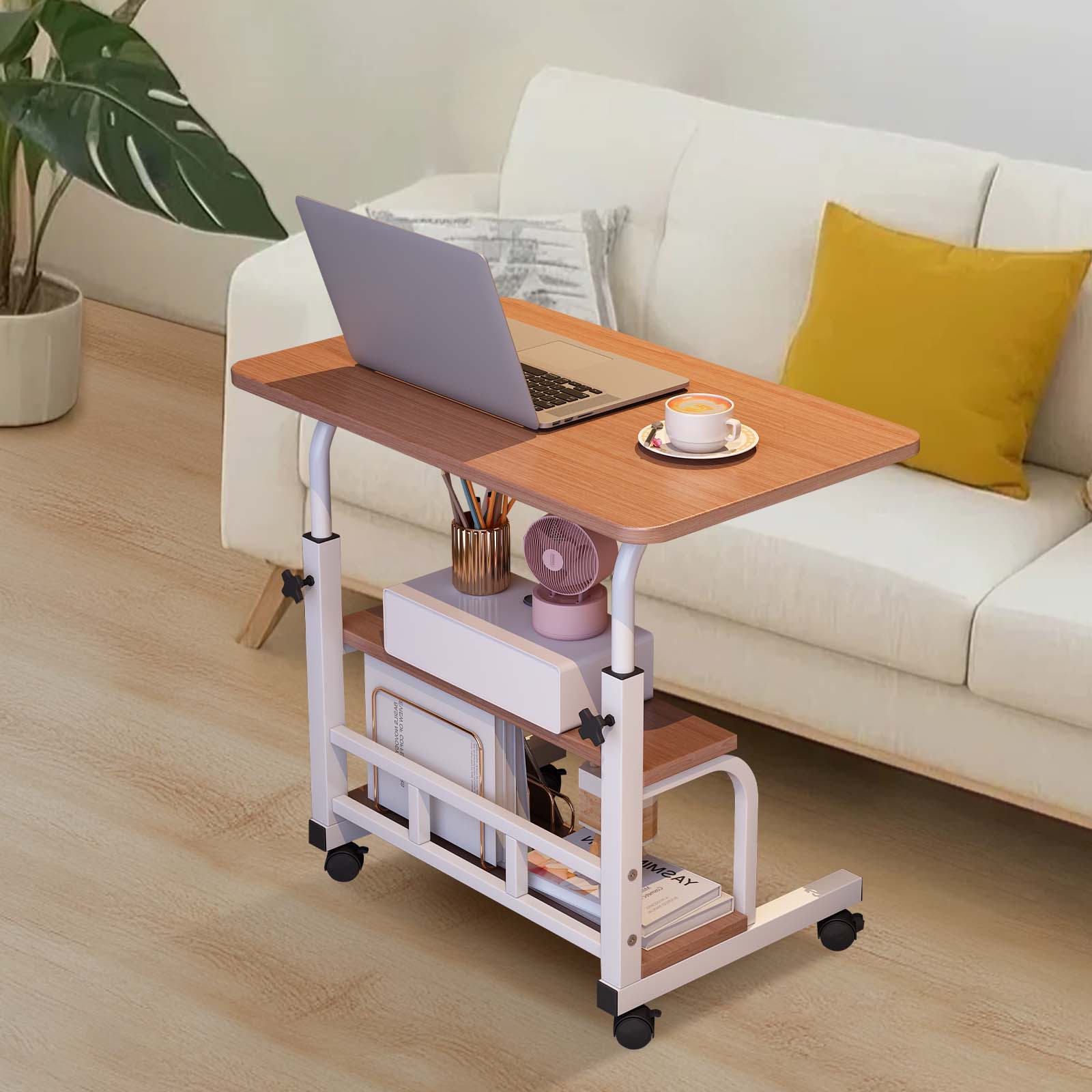 Alt View 2. Babevy - 23.6" Adjustable Height Rolling Desk with Wheels & Storage Shelves, Mobile Standing Desk for Home Office, School - Walnut.