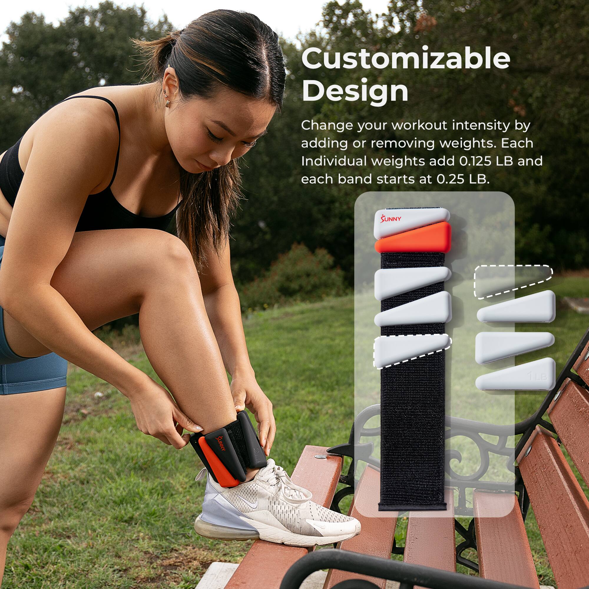 Customizable Design

Change your workout intensity by adding or removing weights. Each individual weight adds 0.125 LB and each band starts at 0.25 LB.