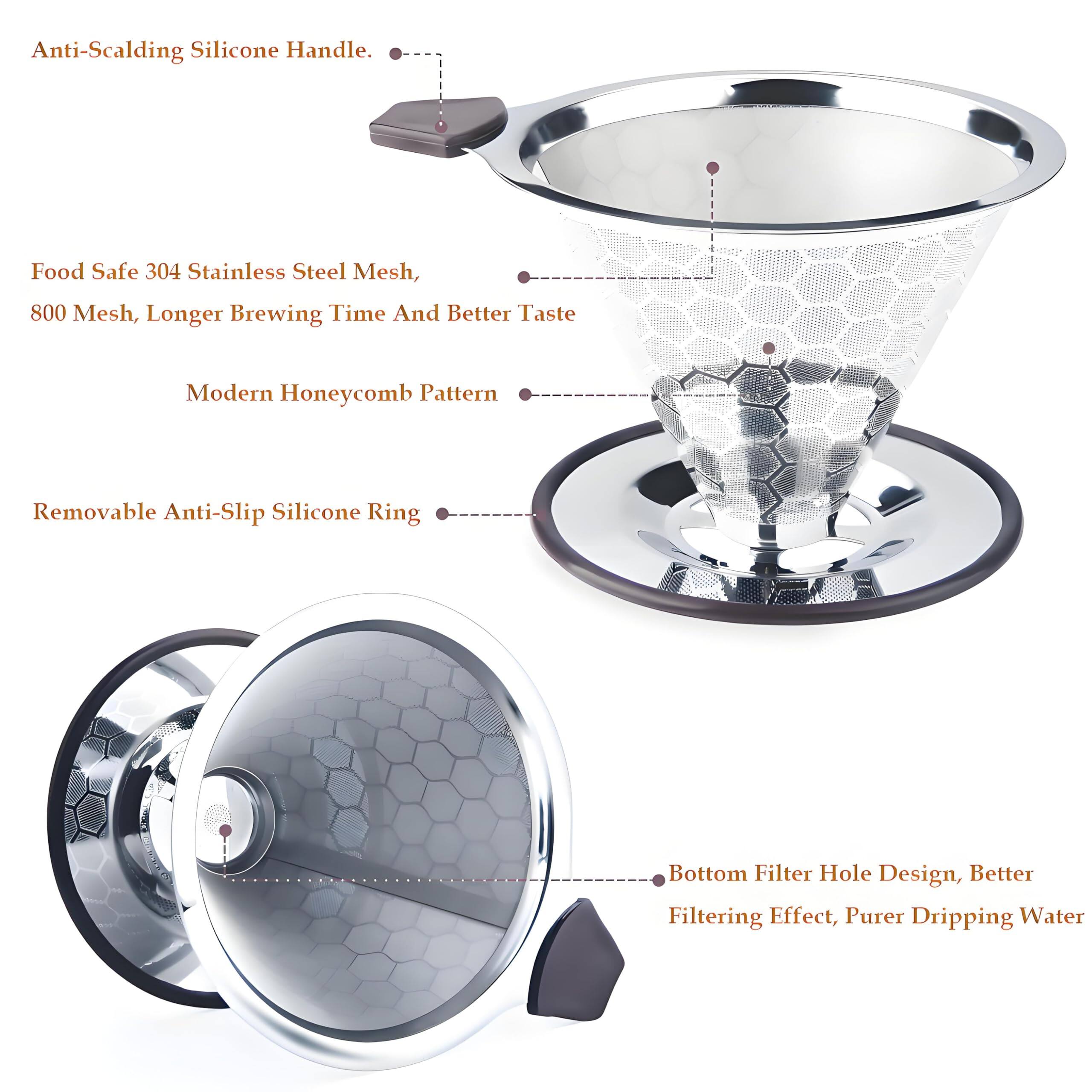 - Anti-Scalding Silicone Handle.
- Food Safe 304 Stainless Steel Mesh, 800 Mesh, Longer Brewing Time And Better Taste
- Modern Honeycomb Pattern
- Removable Anti-Slip Silicone Ring
- Bottom Filter Hole Design, Better Filtering Effect, Purer Dripping Water