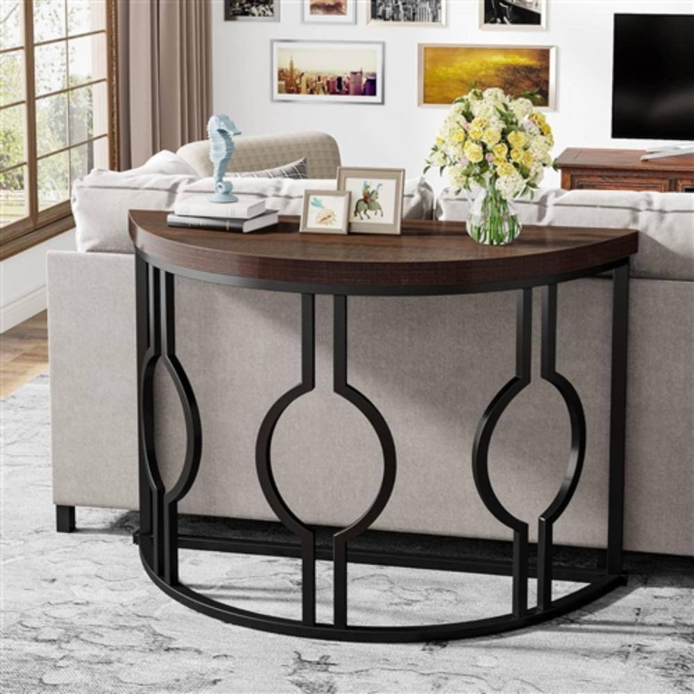 Back. Hivvago - Modern 43-inch Half Moon Accent Console Table with Brown Wood Top Black Frame - Black, Brown.