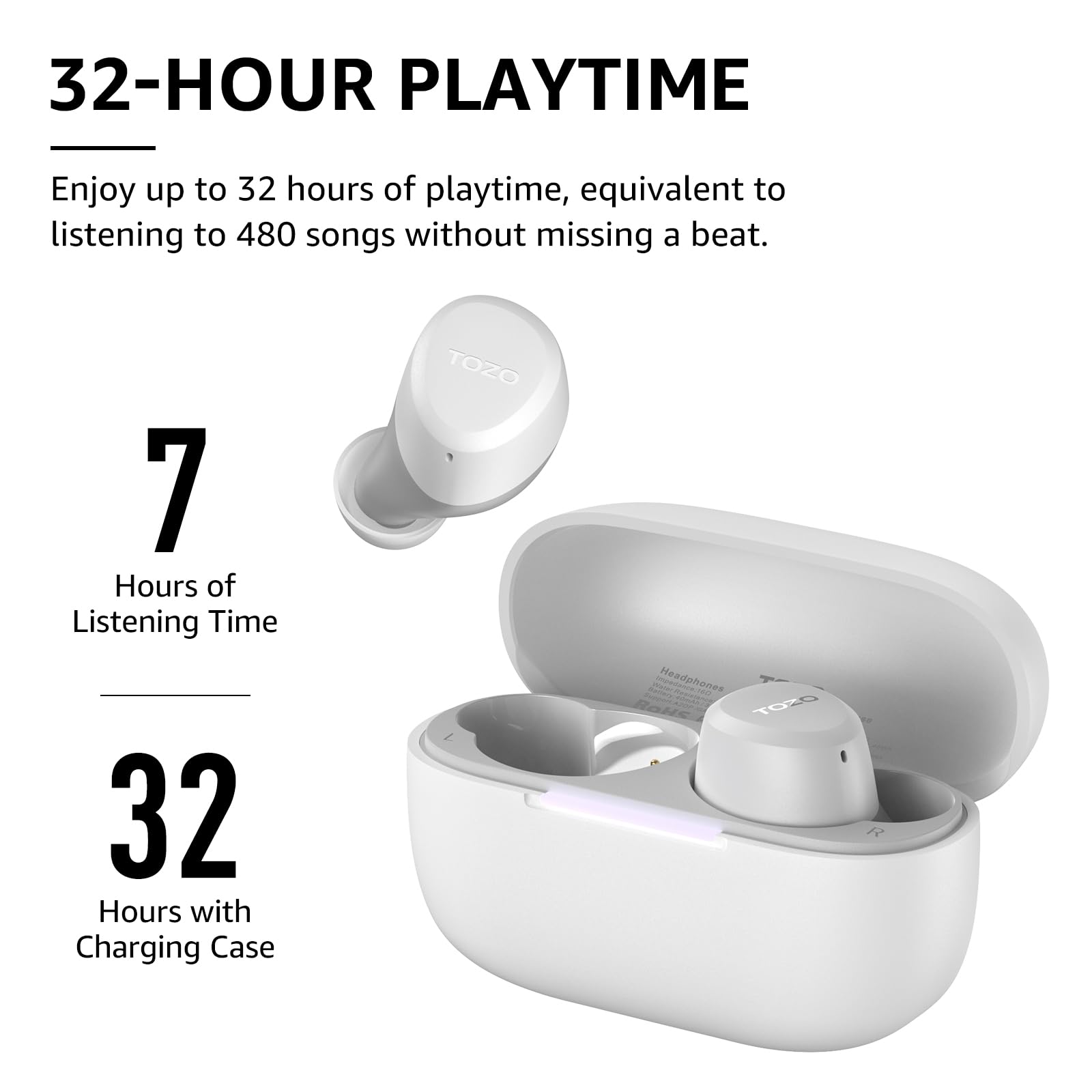 32-HOUR PLAYTIME
Enjoy up to 32 hours of playtime, equivalent to listening to 480 songs without missing a beat.
7 Hours of Listening Time
32 Hours with Charging Case
TOZO Headphones T020
