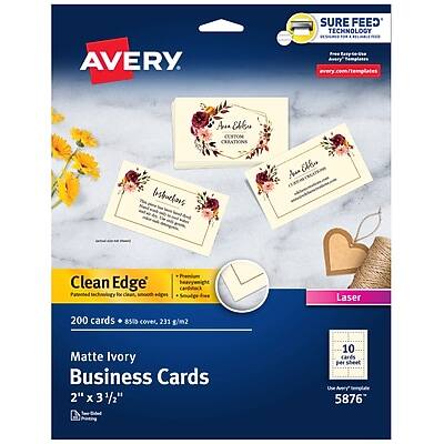 AVERY  
Sure Feed Technology  
Clean Edge Patented  
Premium Business Cards  
200 cards + 85 cover, 231 g/m²  
Matte Ivory  
Business Cards  
2" x 3 1/2"  
10 cards per sheet  
Laser  
5876