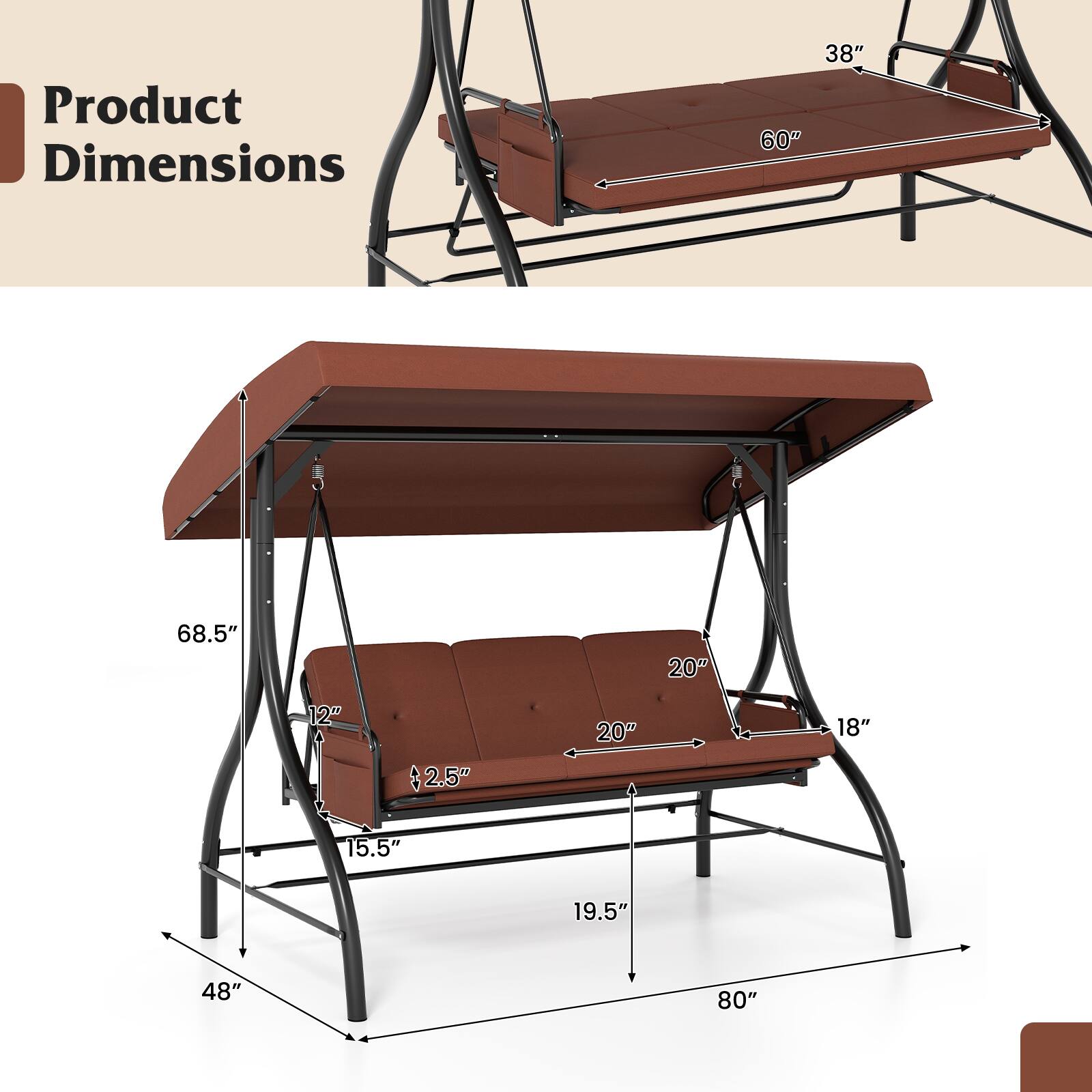 Alt View 2. Gymax - Gymax 3-Seat Patio Swing w/ Canopy & Removable Cushions & Side Pockets Stand Brown - Brown.