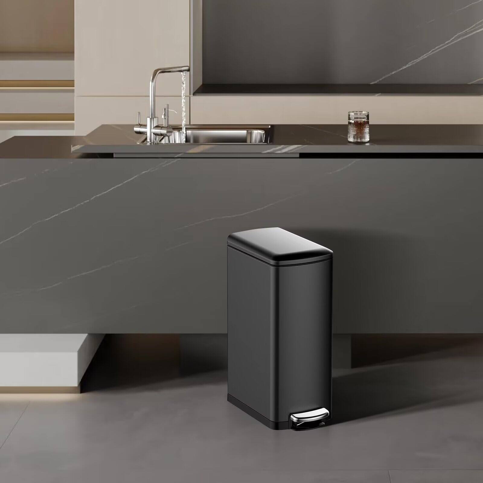 Alt View 1. Jojoka - 8 Gallon Slim Black Stainless Steel Kitchen Trash Can with Soft-Close Lid & Removable Inner Bucket, Rectangular - Black.